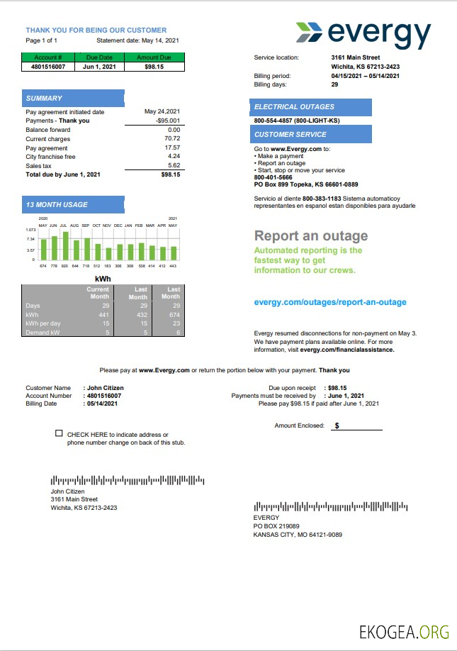 USA Missouri Evergy electricity utility bill template in .doc and .pdf format